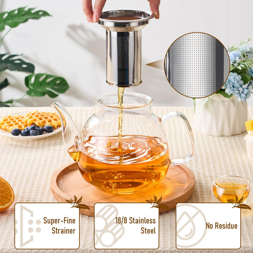 PARACITY Glass Teapot with Infuser, 34 oz Stovetop Tea Kettle, Long Spout | Borosilicate body and removable 18/8 stainless steel strainer brew blooming or loose leaf blends at home, camping or travel