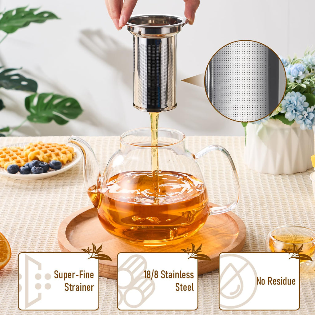 PARACITY Glass Teapot with Infuser, 34 oz Stovetop Tea Kettle, Long Spout | Borosilicate body and removable 18/8 stainless steel strainer brew blooming or loose leaf blends at home, camping or travel